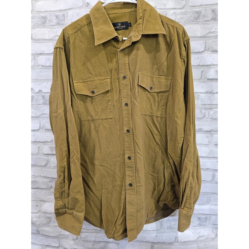 Bugatchi Uomo Shirt Mens Large Green Brown Corduroy Long Sleeve Cotton